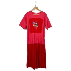 Johnny Was Vintage 90's Red Embroidered Sunflower T-Shirt Midi Dress
